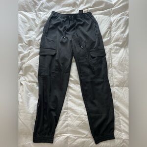 Black satin cargo joggers